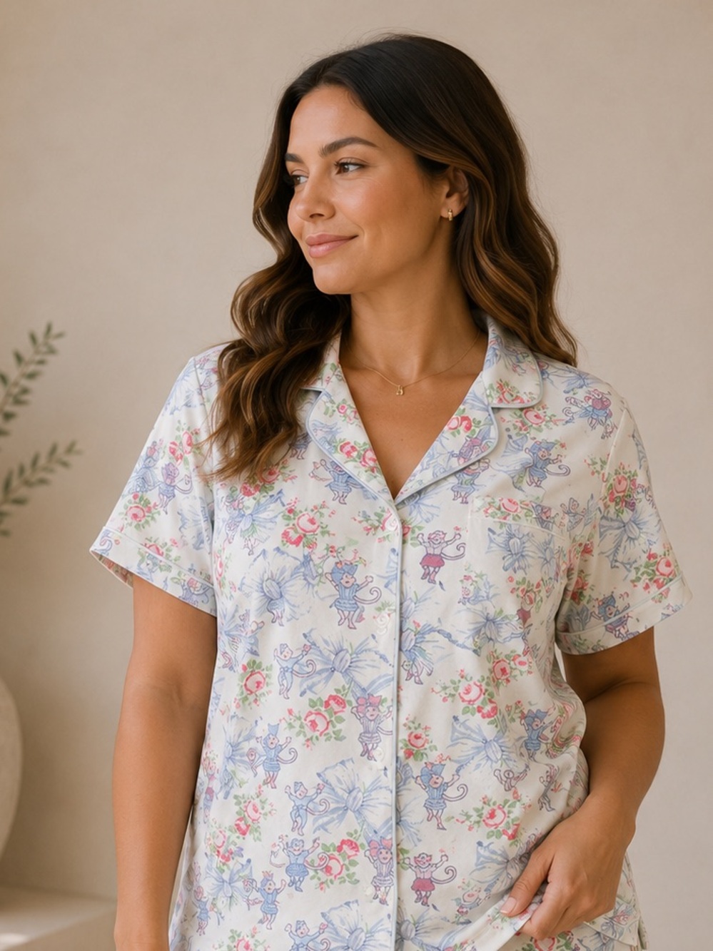 LoveShackFancy x Roller Rabbit Monkey & Bow Print Pajama Top Medium Pima Cotton
